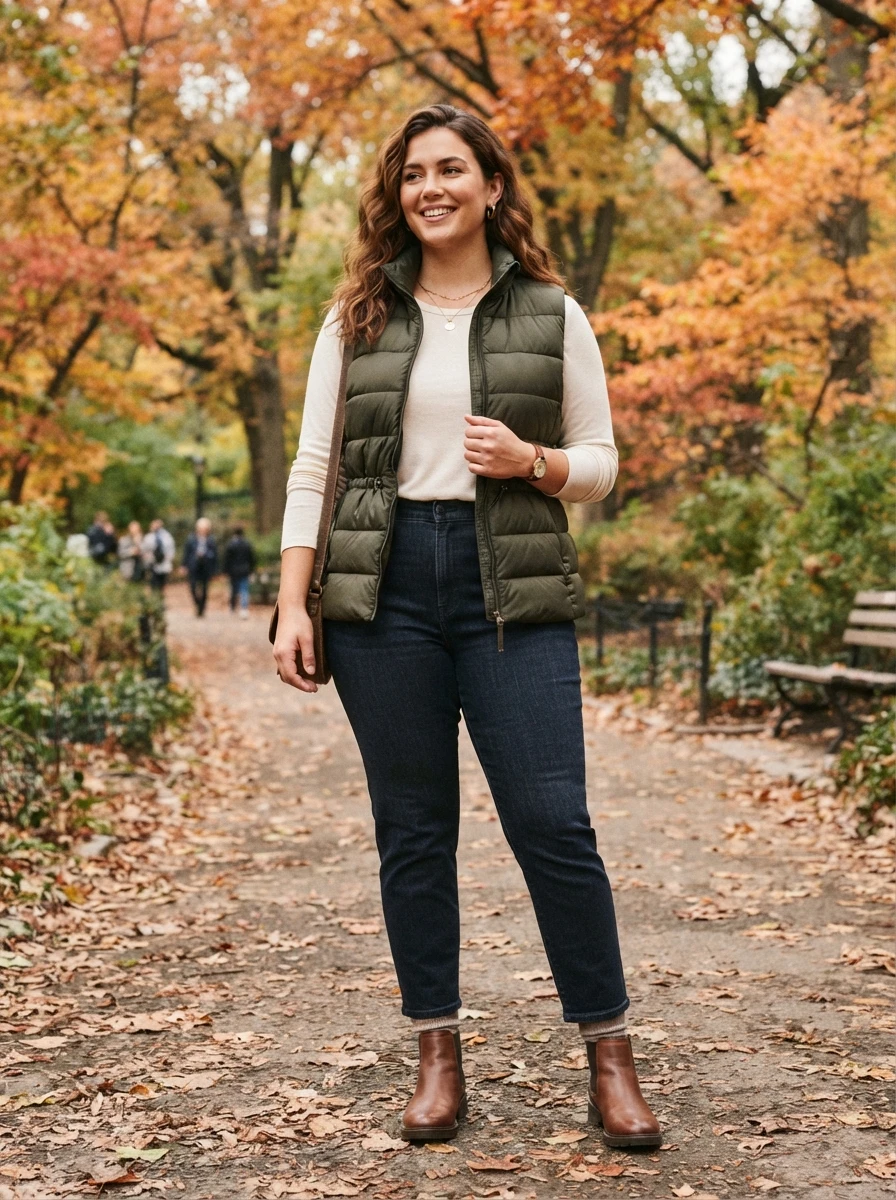 A curvy woman wears a lightweight puffer vest over a long sleeve tee, showing a practical and versatile layering technique for transitional weather.
