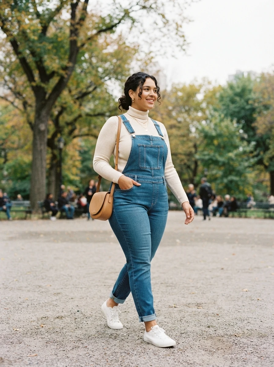 A curvy woman wears denim overalls layered over a fitted turtleneck, presenting a comfortable and trendy autumn outfit option.