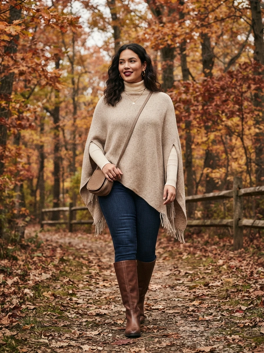 A curvy woman wears a draped poncho over skinny jeans, highlighting a cozy and relaxed style that works well for cooler weather.
