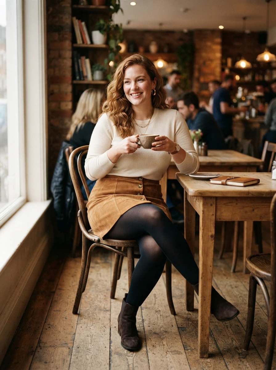A curvy woman wears a button front suede skirt paired with a tucked in sweater, demonstrating a classic and feminine fall combination.