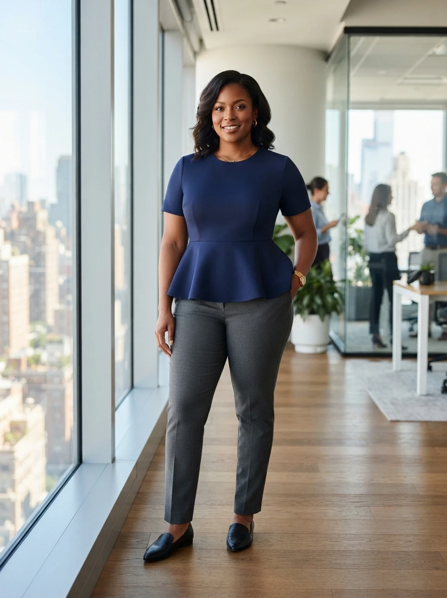 A curvy woman wears a structured peplum top paired with slim trousers, showing a professional and flattering outfit for work.