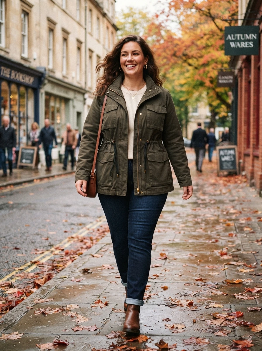 A curvy woman wears a utility jacket over dark jeans, showcasing a functional and stylish outfit for everyday autumn wear.