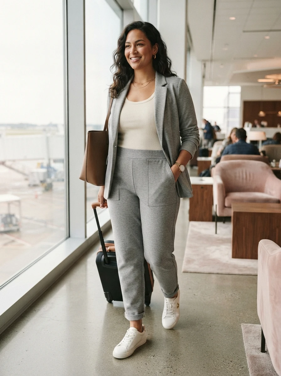A curvy woman wears a soft knit blazer paired with joggers, demonstrating a comfortable and modern approach to casual autumn fashion.