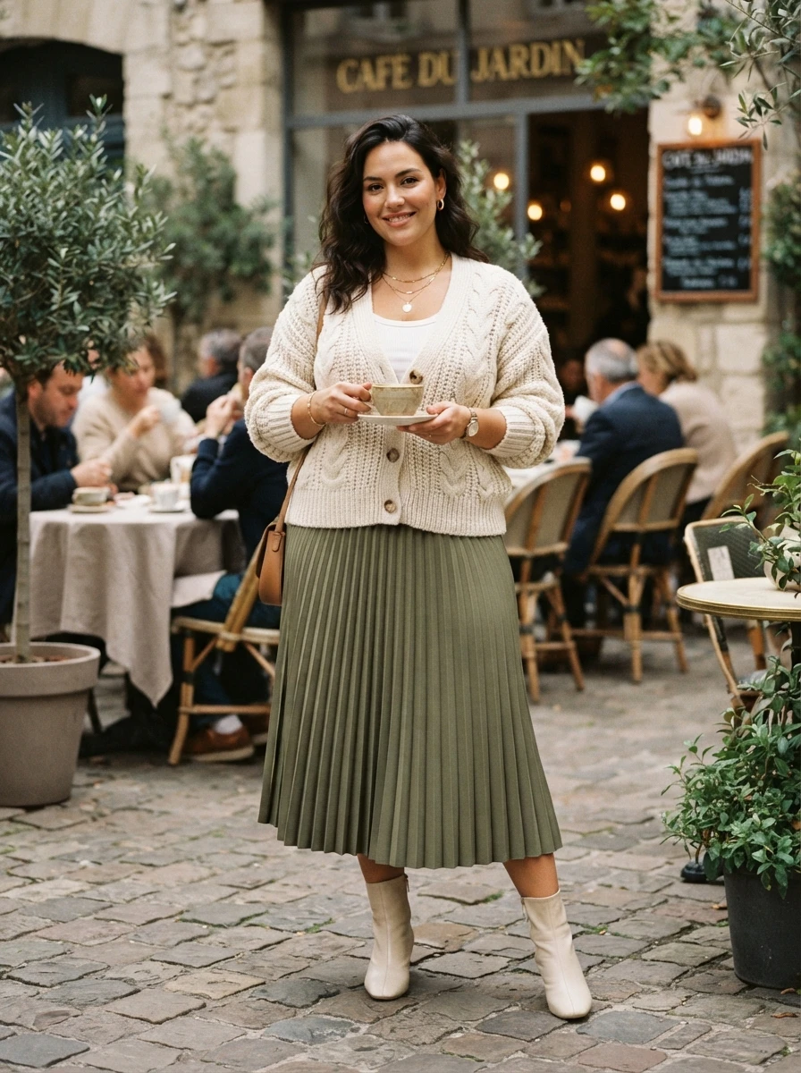 A woman wears a thick cream colored cardigan over a flowing pleated midi skirt, creating a soft and cozy aesthetic suitable for a fall afternoon.