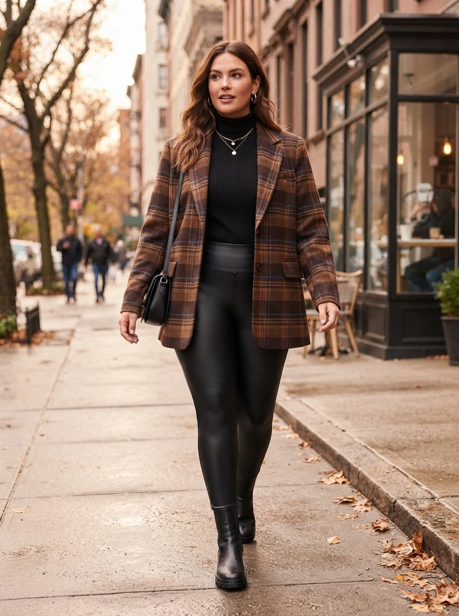 A curvy model wears a structured oversized plaid blazer paired with fitted black faux leather leggings, demonstrating a balanced mix of professional and edgy styles.