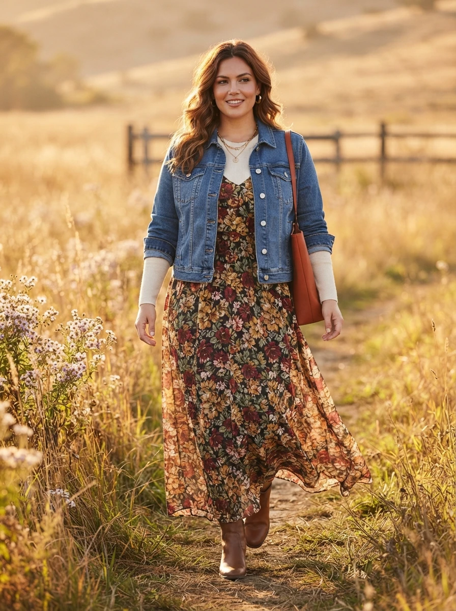 A curvy woman wears a medium wash denim jacket over a flowing floral maxi dress, showing a practical way to layer for transitional fall weather.