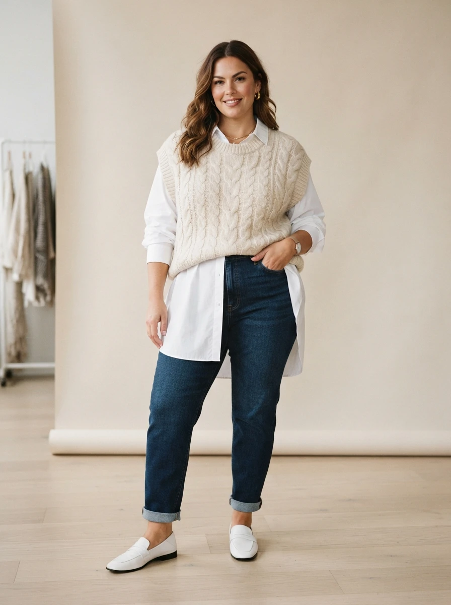 A woman with a curvy figure wears a cozy cable knit sweater vest layered over a crisp white collared shirt, highlighting a preppy and comfortable fall outfit.