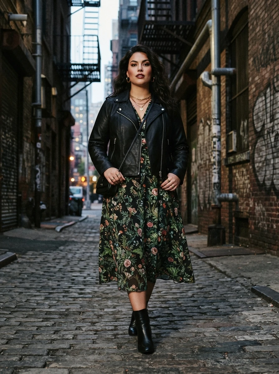 A curvy woman poses in a black leather moto jacket worn over a midi length dress, showcasing an edgy yet feminine fall style combination.