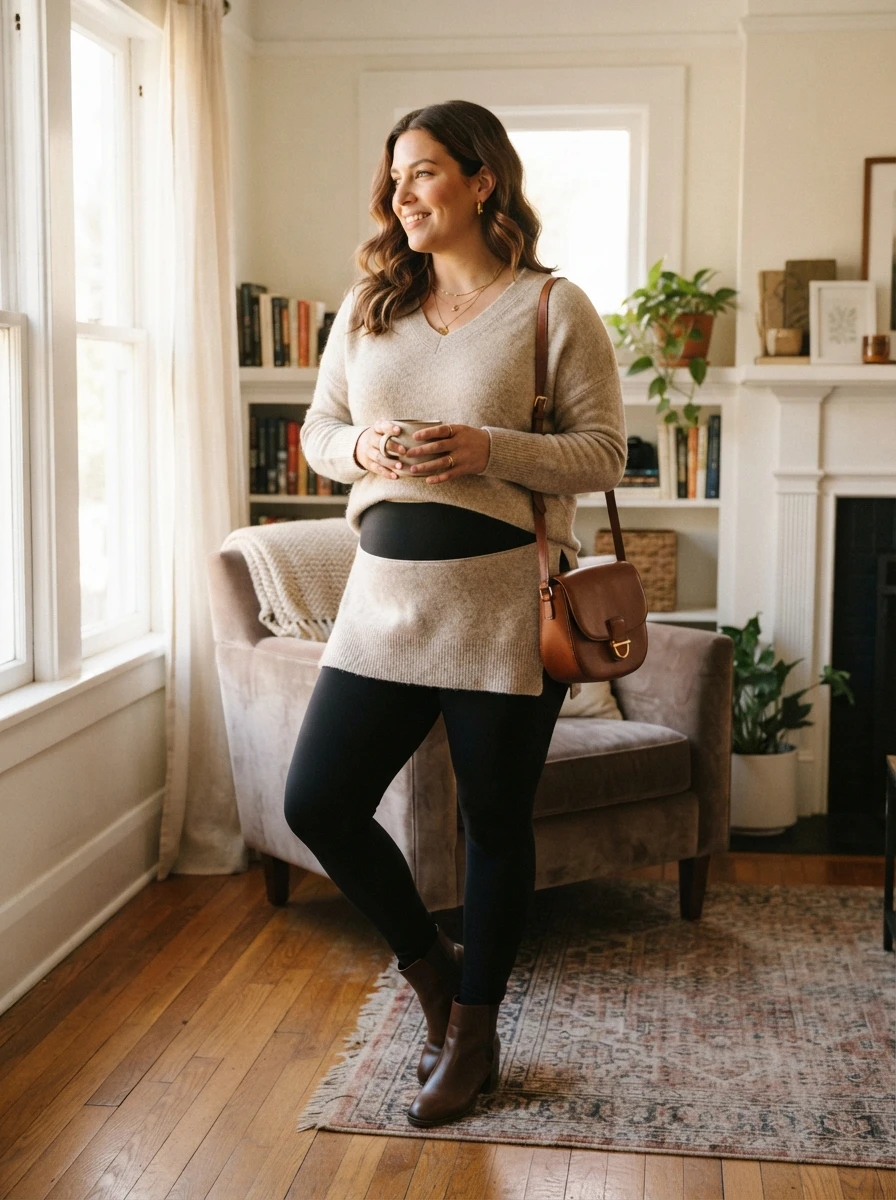 A curvy woman wears a long knit tunic sweater paired with black leggings, representing a comfortable and relaxed fall outfit choice.