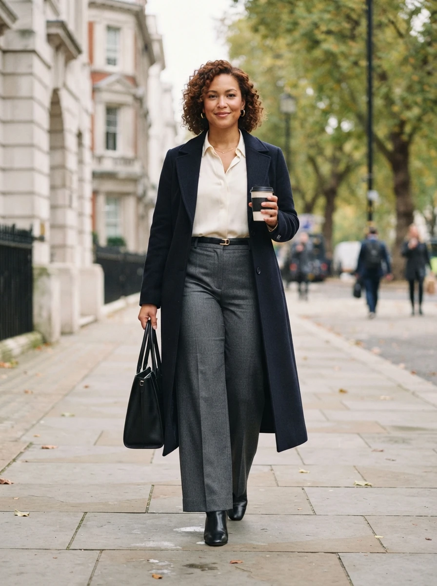 A curvy woman wears a long wool blend coat layered over wide leg trousers, presenting a professional and polished outfit for autumn work days.