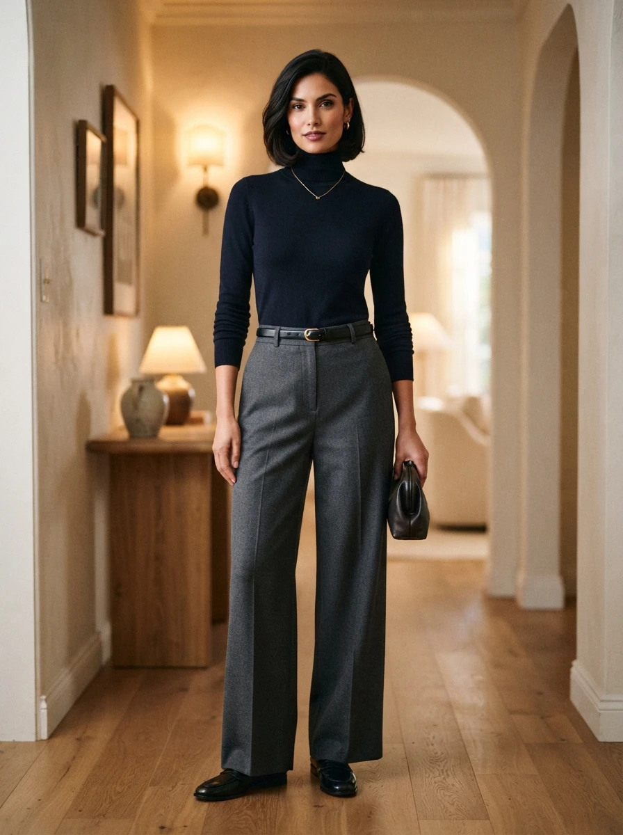 A model wears wide leg trousers paired with a fitted turtleneck, creating a balanced and elegant winter outfit.