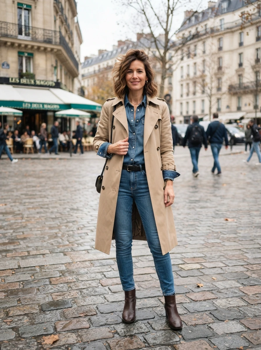 A person wears a beige trench coat layered over a denim on denim outfit, showing how to style classic pieces for winter.