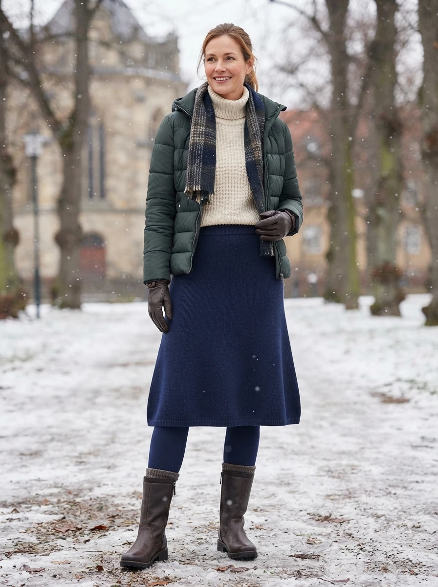 A model wears a midi skirt paired with fleece lined leggings and boots, demonstrating a warm way to wear skirts in winter.