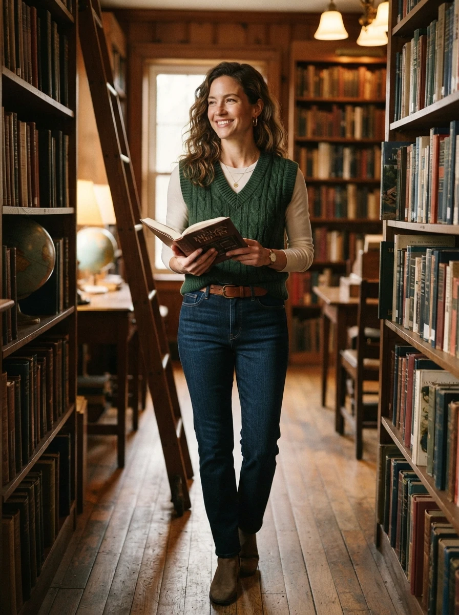 A person wears a knit sweater vest over a long sleeve tee, creating a layered and comfortable winter outfit.