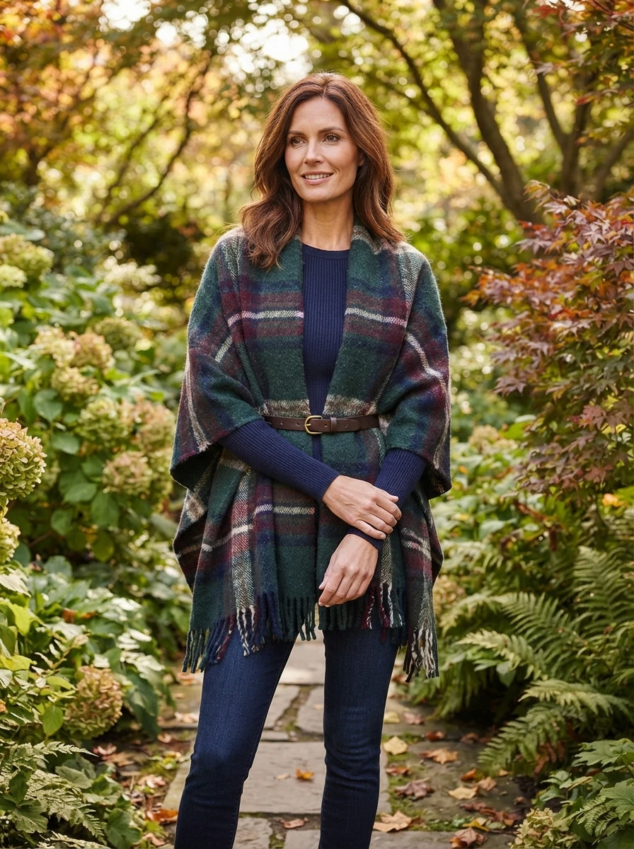 A model wears a large oversized scarf draped and belted at the waist, functioning as a warm and stylish poncho.