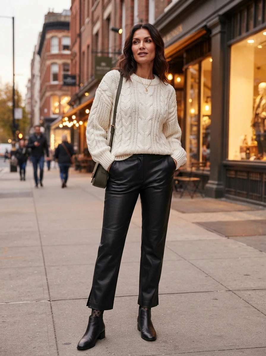 A model wears black leather trousers paired with a chunky cable knit sweater, creating a stylish and warm winter outfit.
