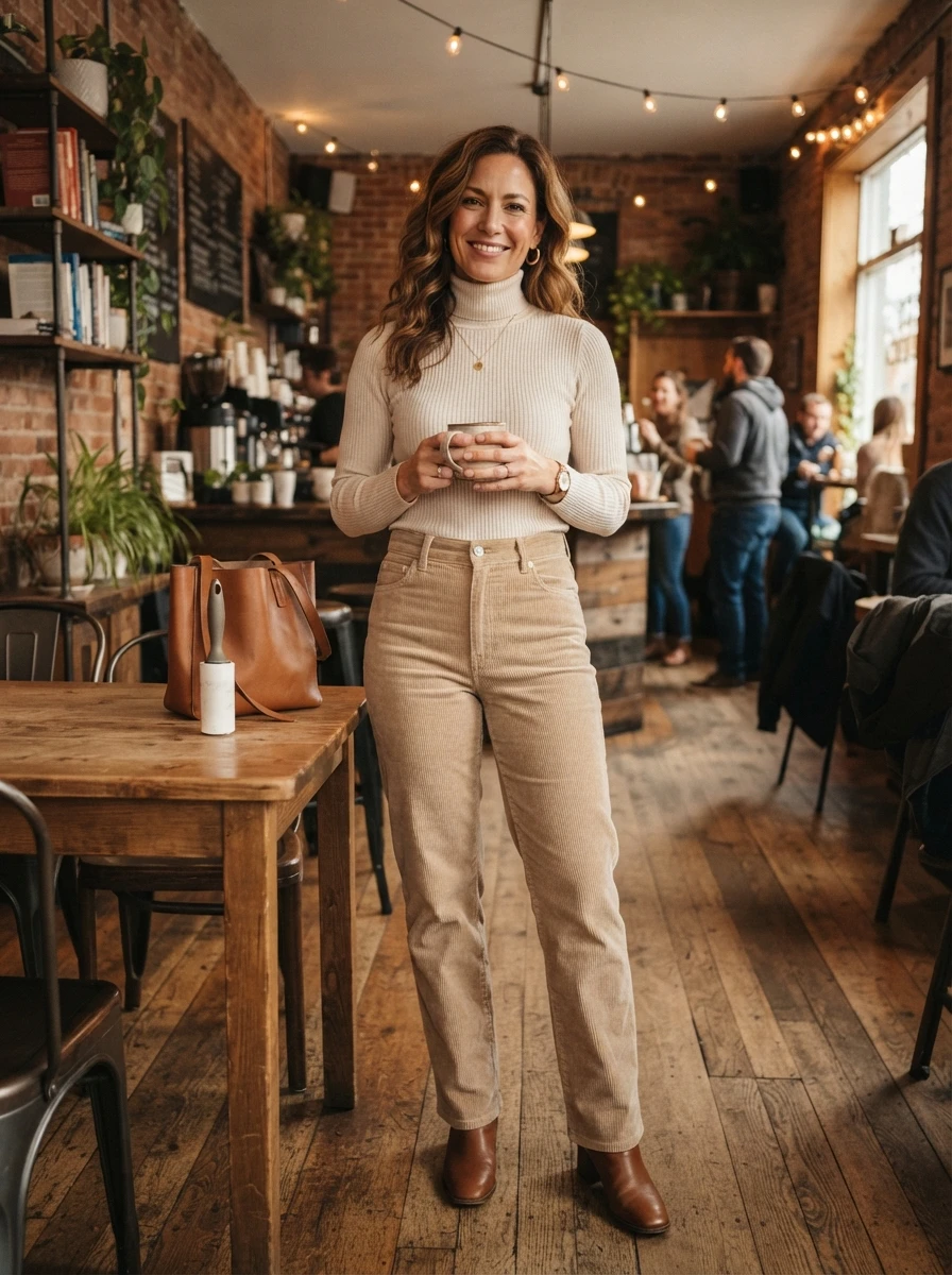 A person wears corduroy trousers paired with a turtleneck, showcasing a warm and textured winter outfit choice.