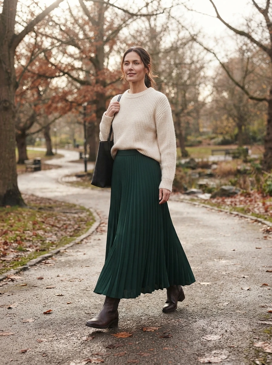 A model wears a long maxi skirt with a tucked in sweater, providing a warm and flowing silhouette for the winter season.