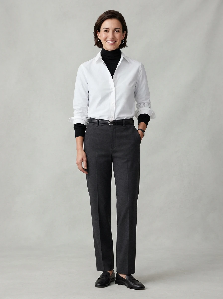A person wears a fitted black turtleneck underneath a crisp white button down shirt, styled with tailored trousers, showcasing a smart layered winter outfit.