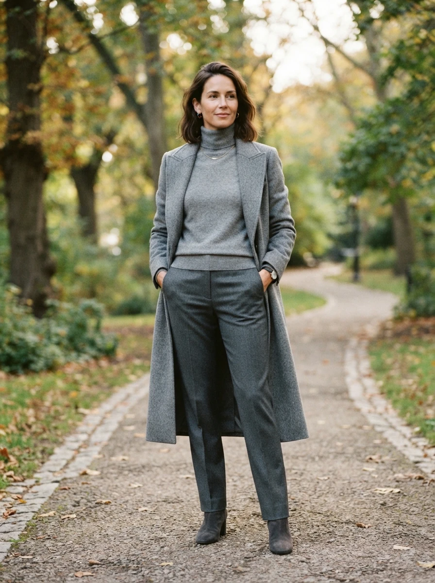 An adult model wears a monochromatic grey outfit consisting of a wool sweater and matching trousers, creating a cohesive and warm winter look.