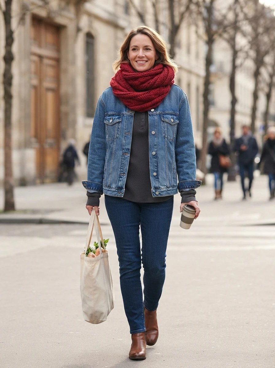 A person wears a classic blue denim jacket layered with a large red wool scarf, demonstrating how to keep denim relevant in early winter.