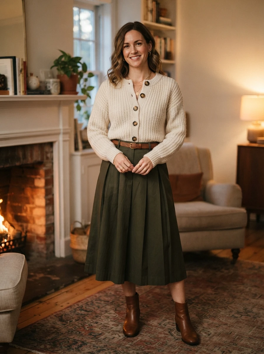 A person wears a thick buttoned cardigan as a standalone top, tucked into a skirt, showing a cozy yet refined winter style.