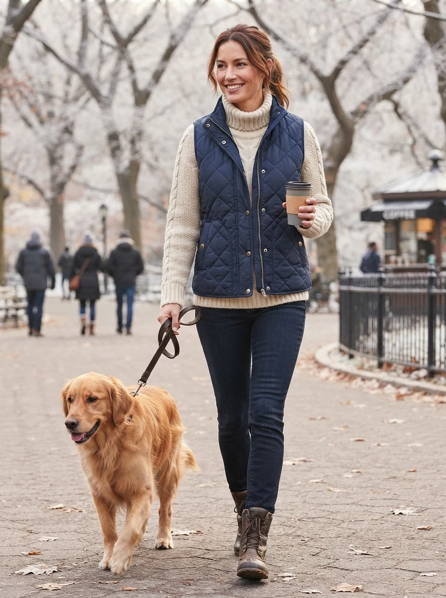 A model wears a quilted vest layered over a thick knit sweater, providing a functional and warm outfit for winter transitions.