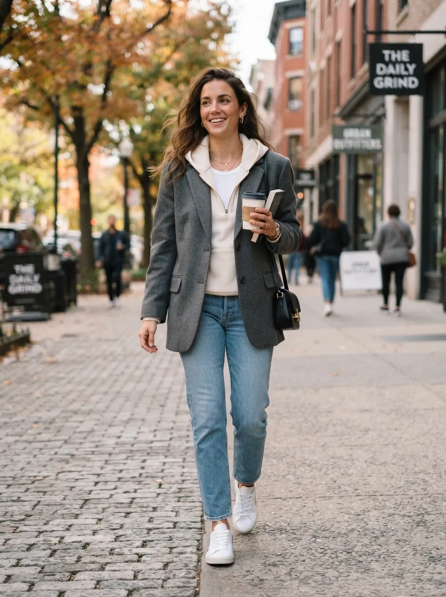 Blazer With A Hoodie Underneath — 19 Early Winter Outfit Ideas Using Pieces You Already Own