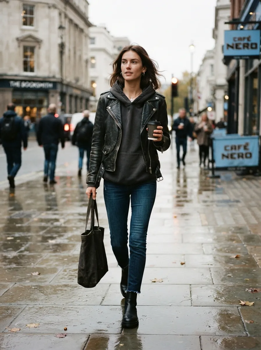 Leather Jacket with a Hoodie — 19 Early Winter Outfit Ideas Using Pieces You Already Own