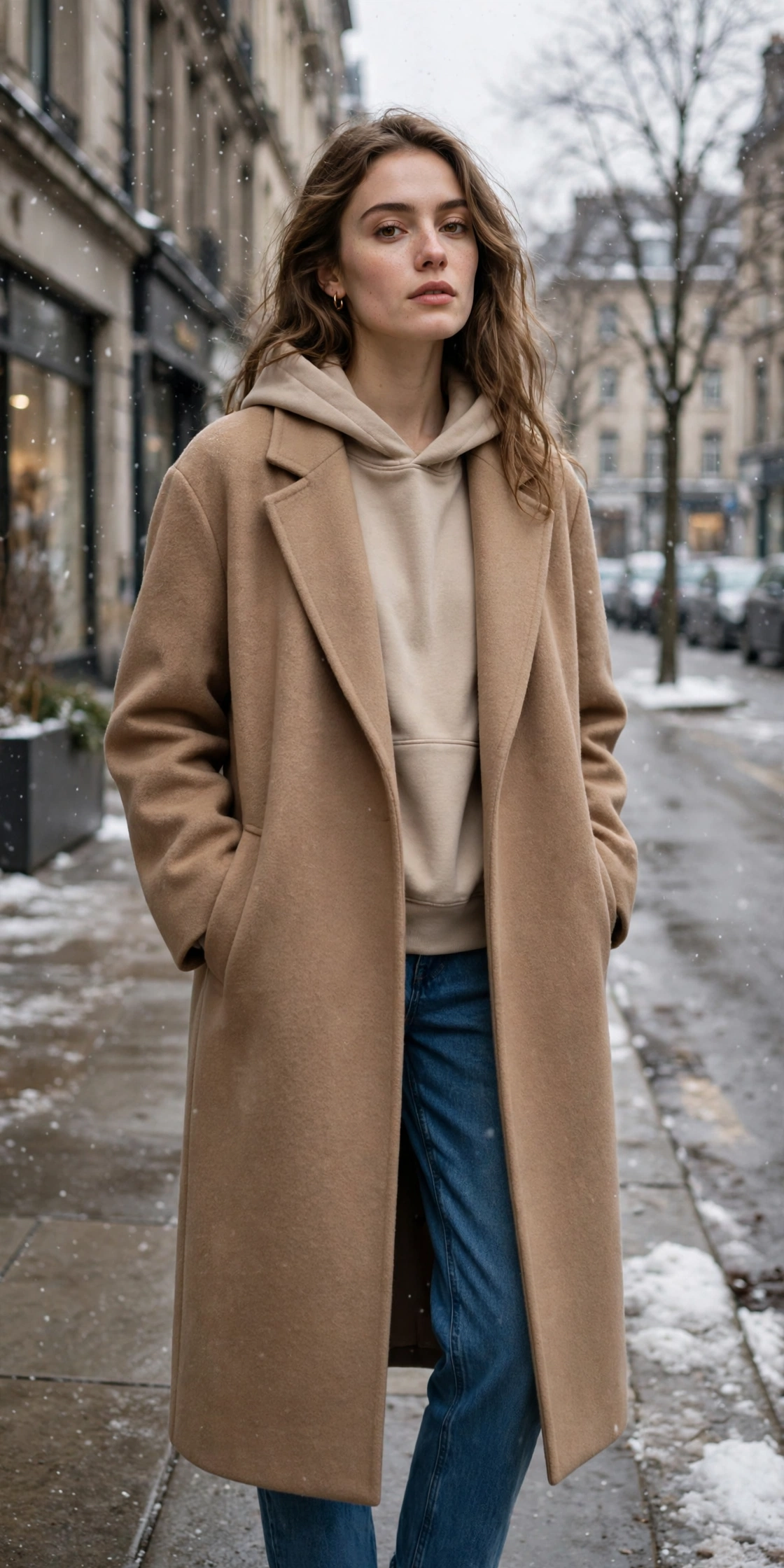 Woman in a hoodie layered under a wool overcoat, smart winter street style