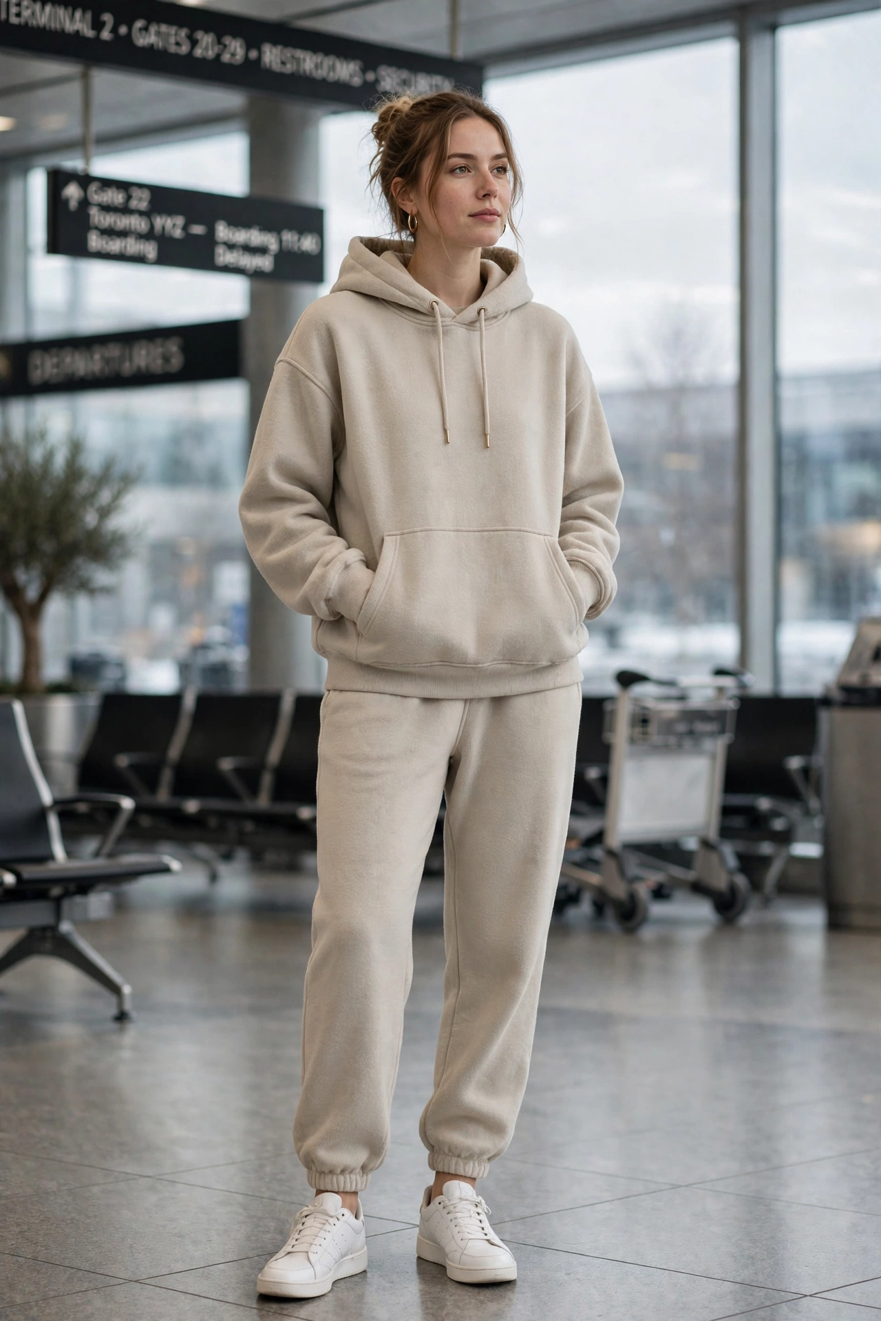 Woman in a matching hoodie and sweatpants set, monochrome loungewear