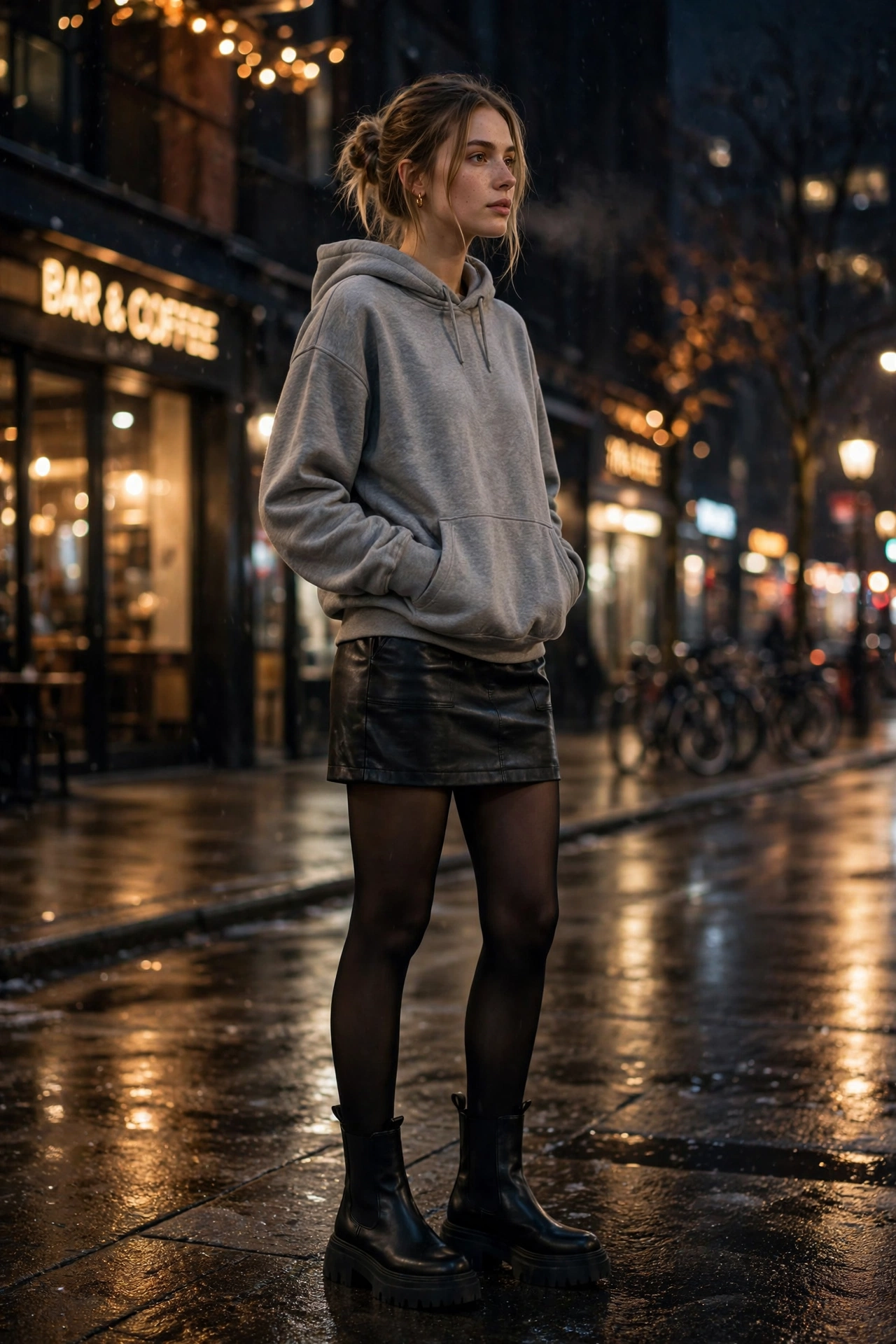 Woman in a hoodie with a leather mini skirt and tights, edgy winter look