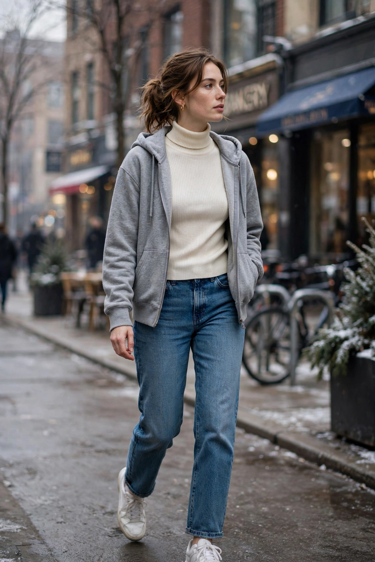Woman in a zip-up hoodie worn open as a cardigan alternative, relaxed layering