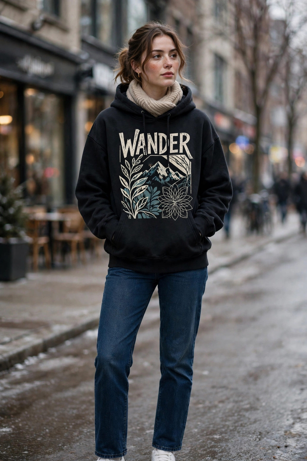Woman in a graphic hoodie with straight-leg jeans, laid-back street style