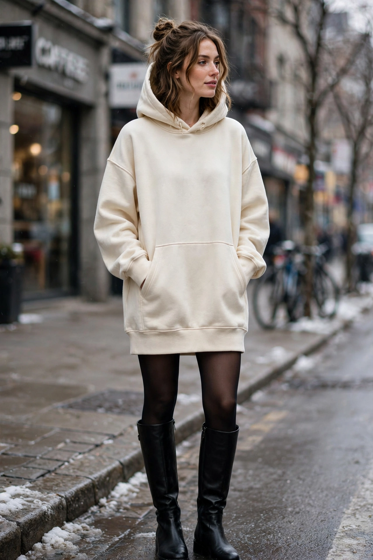 Woman in an oversized hoodie dress with knee-high boots, cozy statement outfit