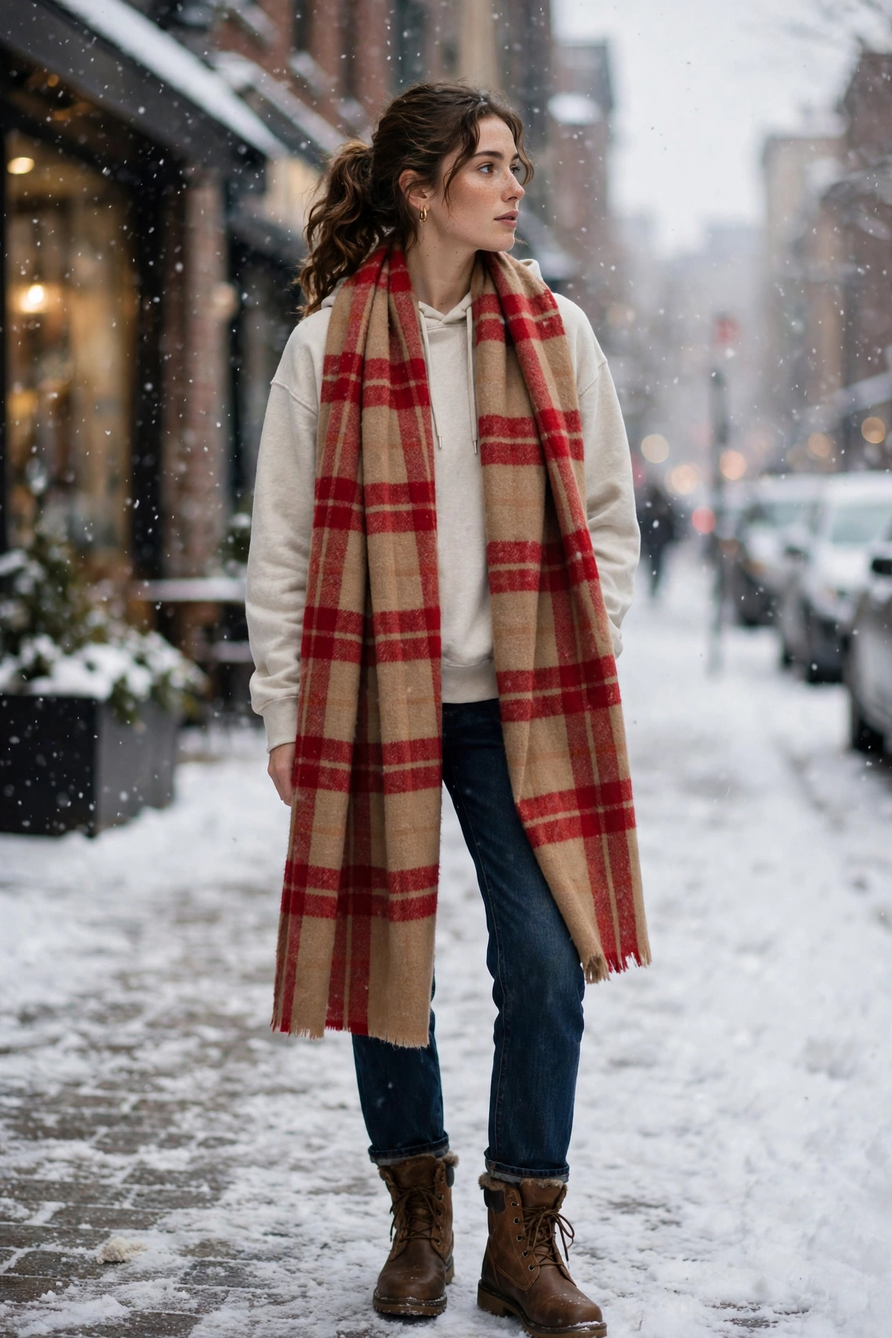 Woman in a neutral hoodie with a plaid wool scarf, warm autumn tones