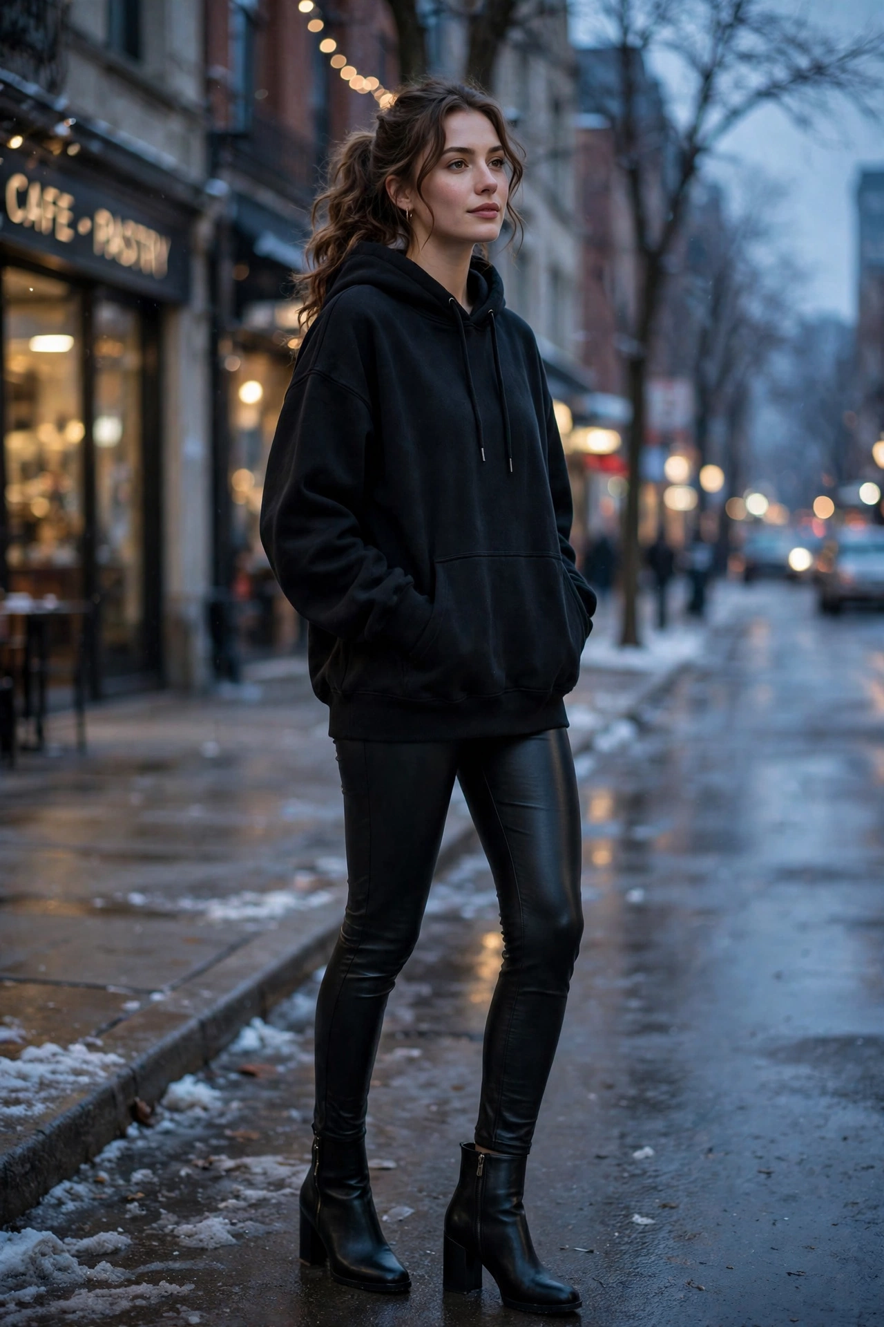 Woman in a hoodie with faux-leather leggings, sleek sporty look