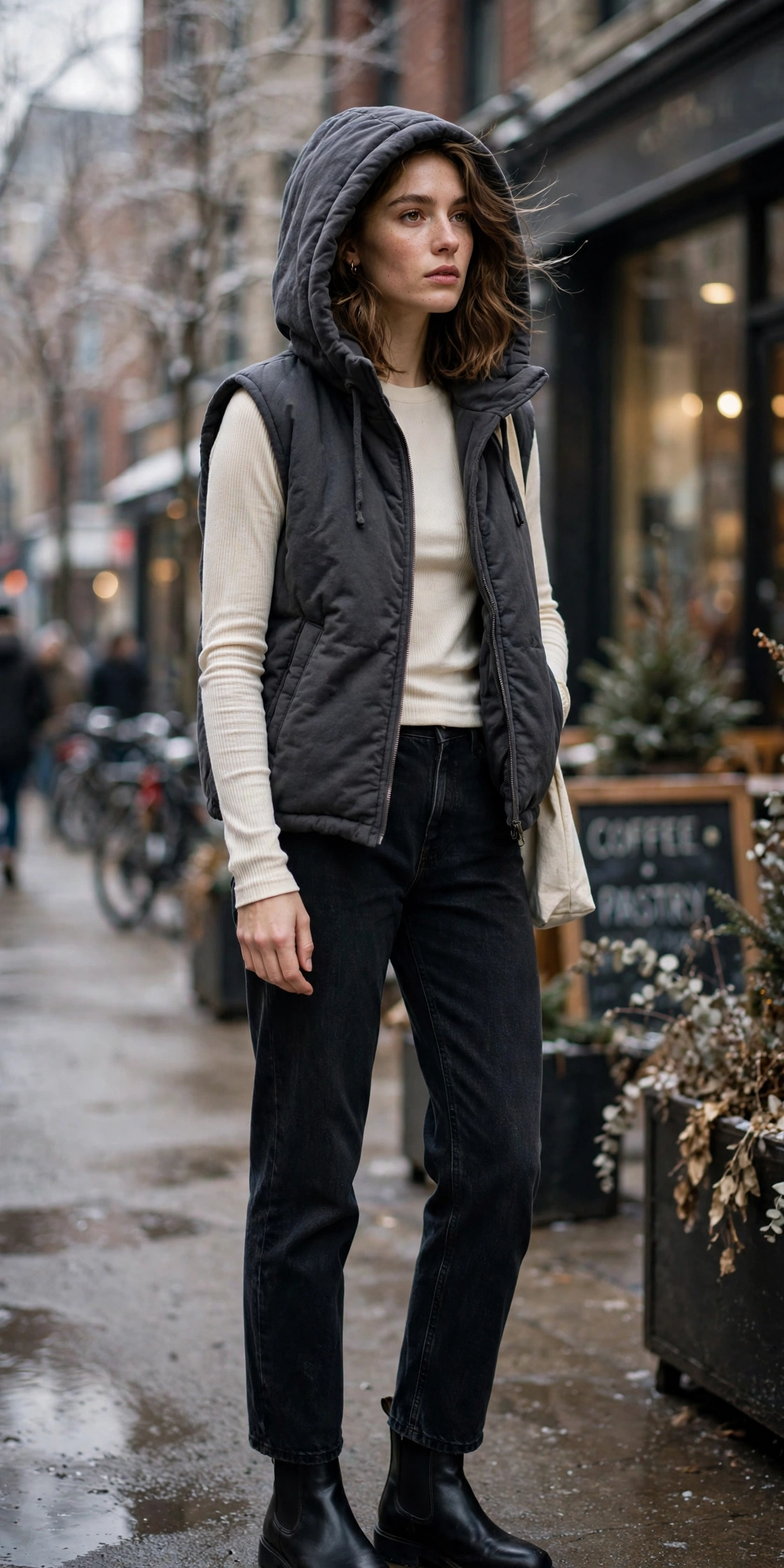 Woman in a hoodie with a quilted long coat, puffer-coat winter style