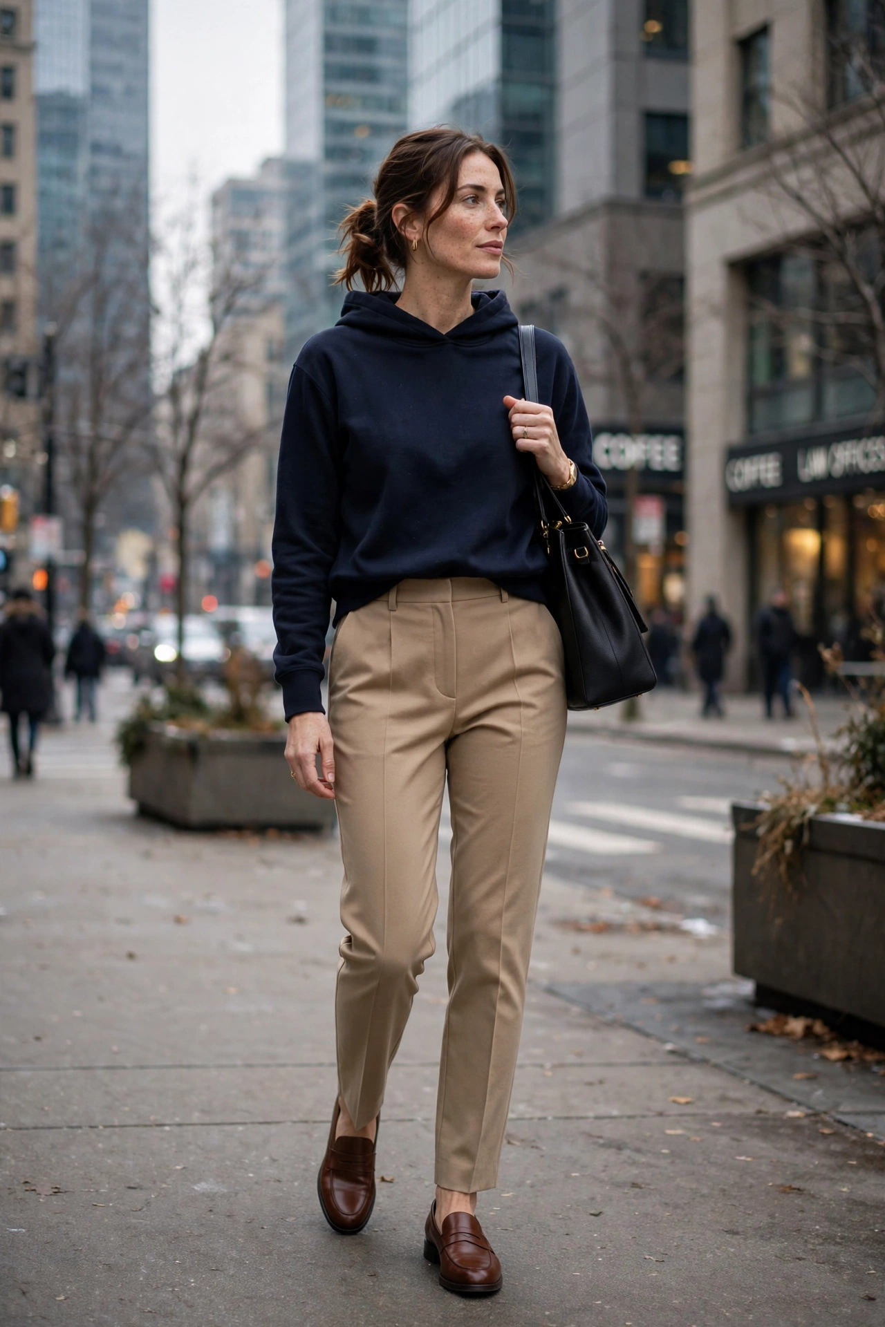 Woman in a sleeveless hoodie vest over a thermal top, sporty layered look