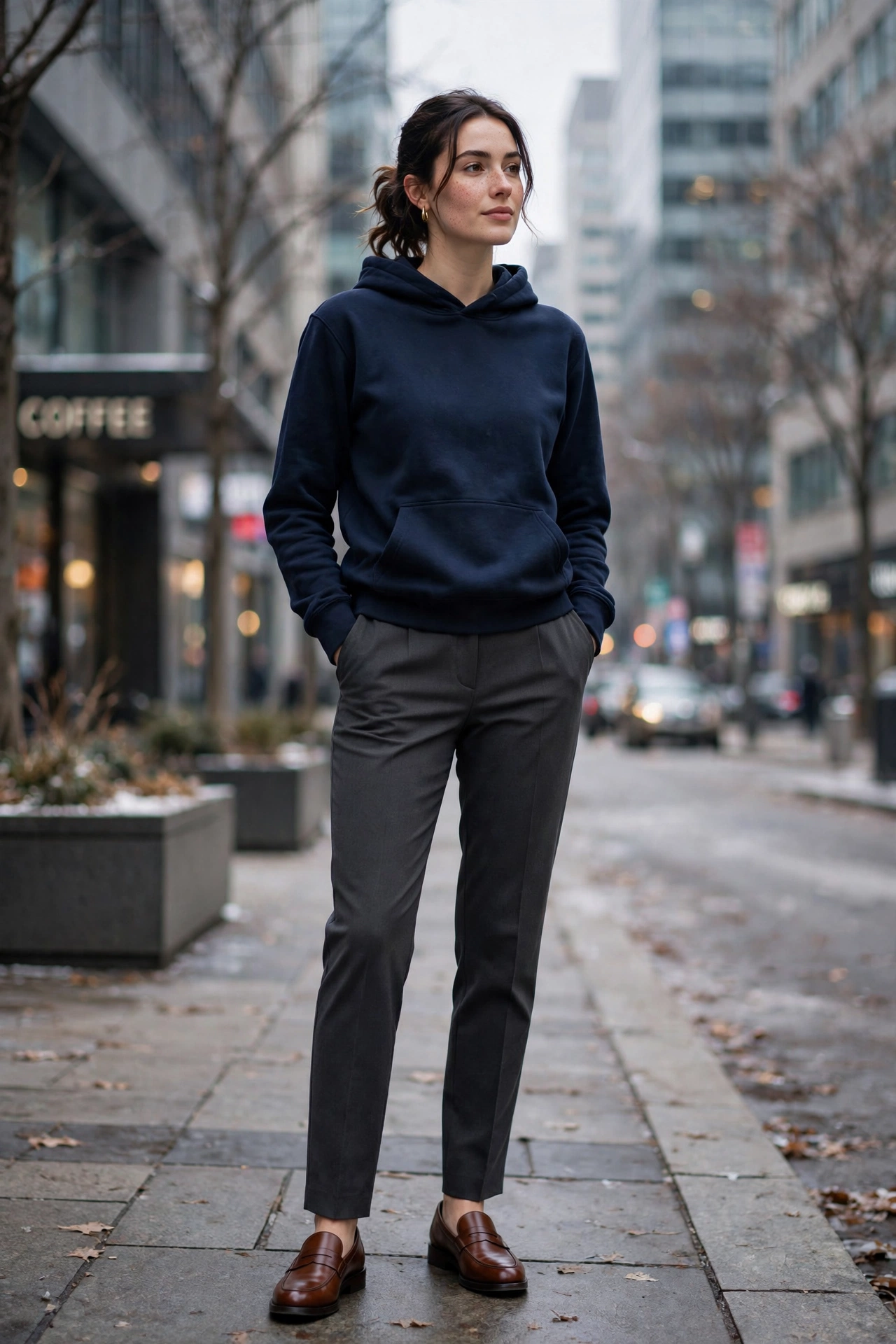Woman in a dark navy hoodie tucked into charcoal tailored trousers with brown leather loafers