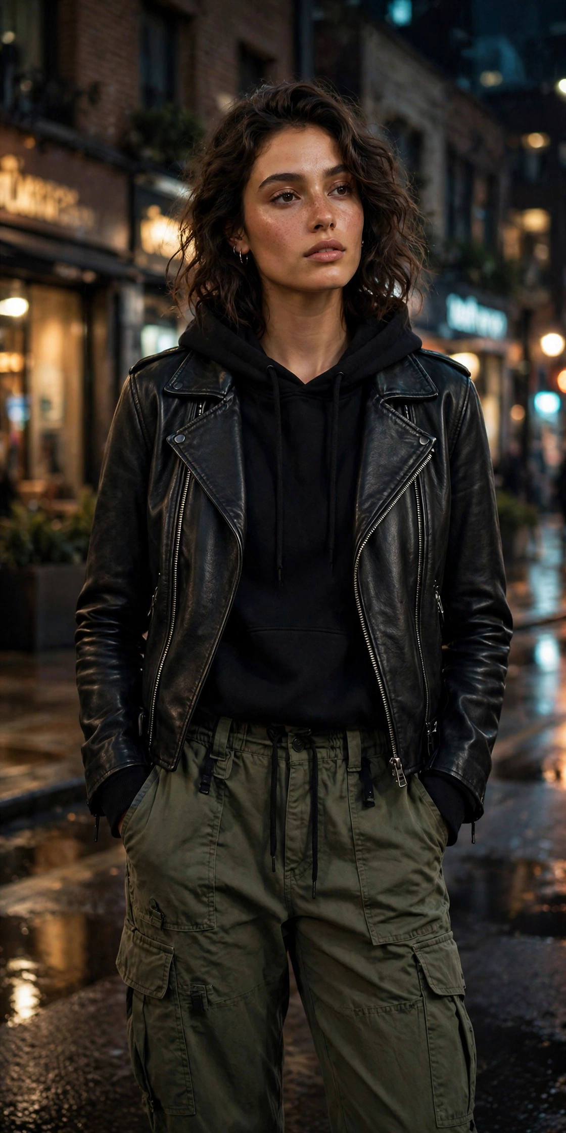 Woman in an all-black hoodie outfit with mixed textures, monochrome street style