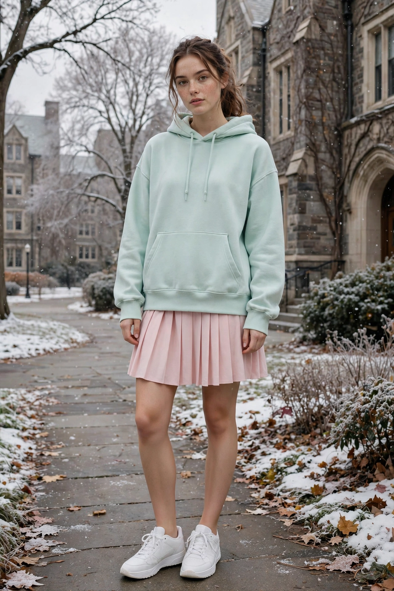 Woman in a pastel hoodie with white jeans, fresh winter-whites outfit