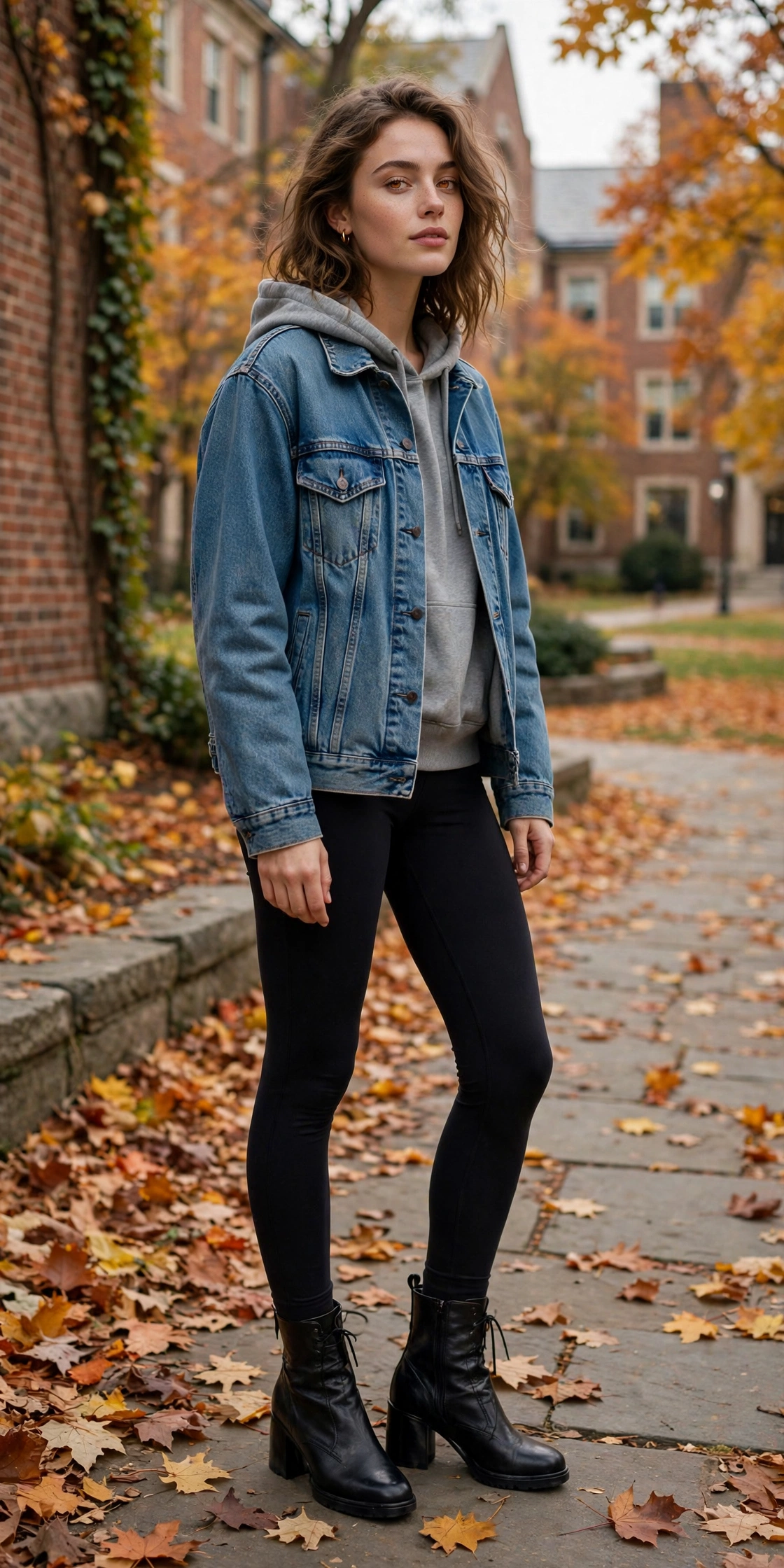 Woman in a hoodie layered under a denim jacket, classic casual layering
