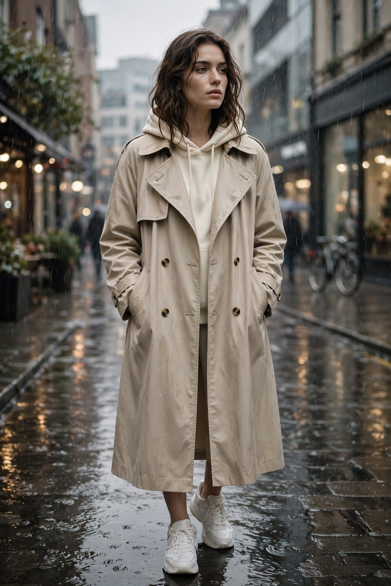 Woman in a hoodie with a long maxi coat and scarf, elegant winter layers