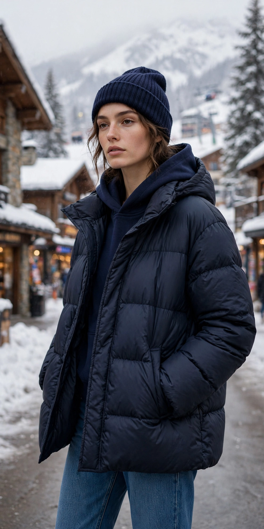 Woman in a hoodie with a quilted puffer vest, warm layered winter outfit