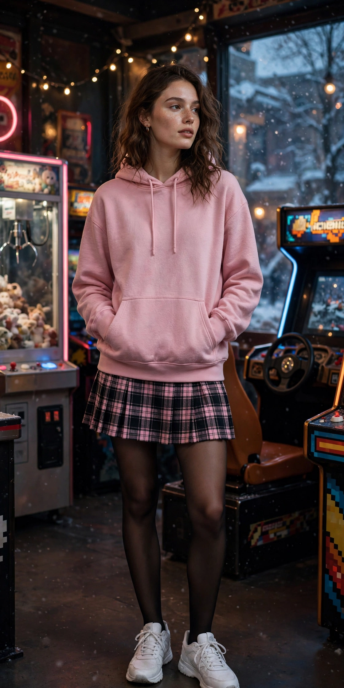 Woman in a hoodie with a corduroy mini skirt, cute fall campus style