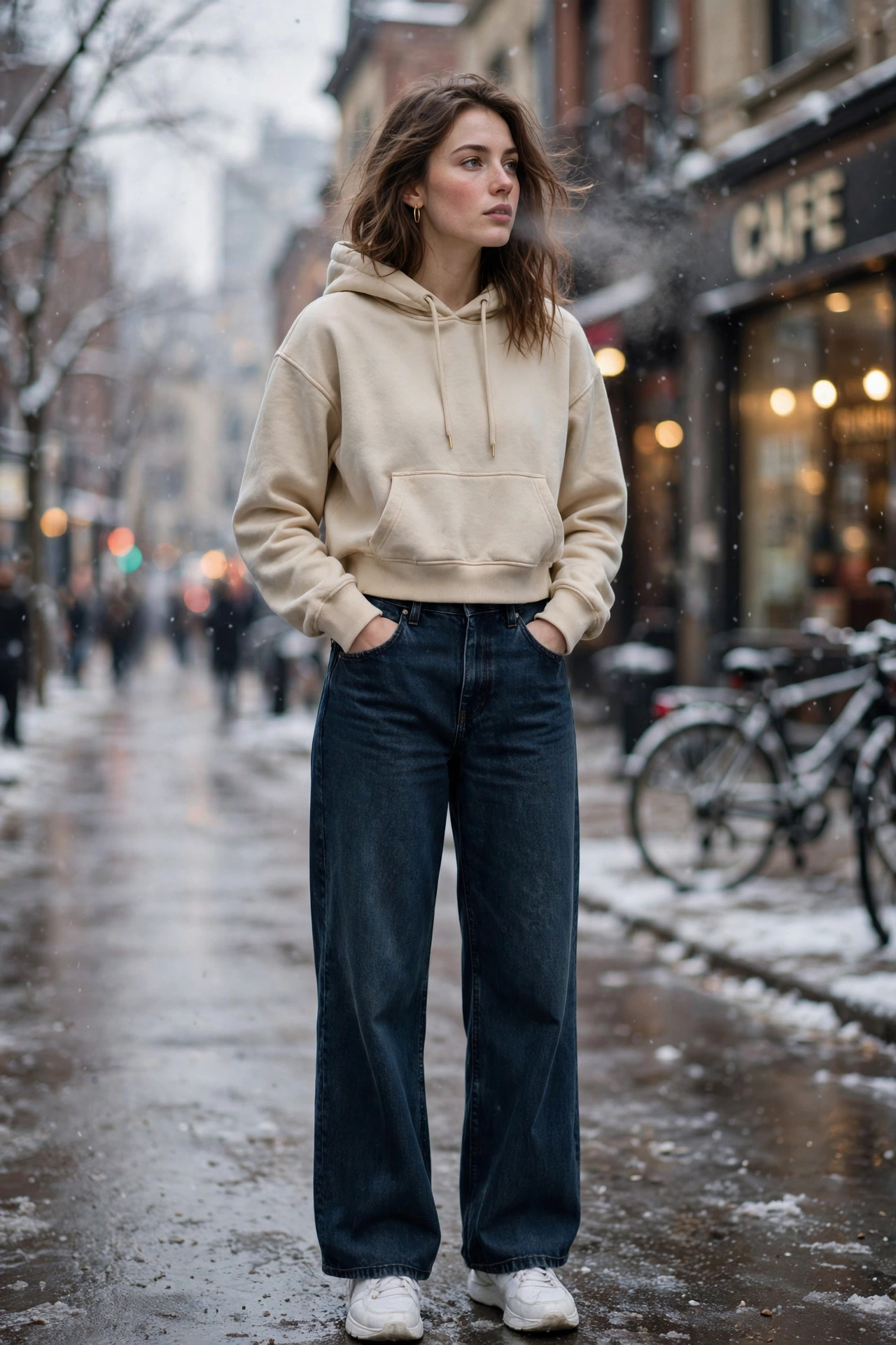 Woman in a cropped hoodie with high-waist wide-leg jeans, casual cool