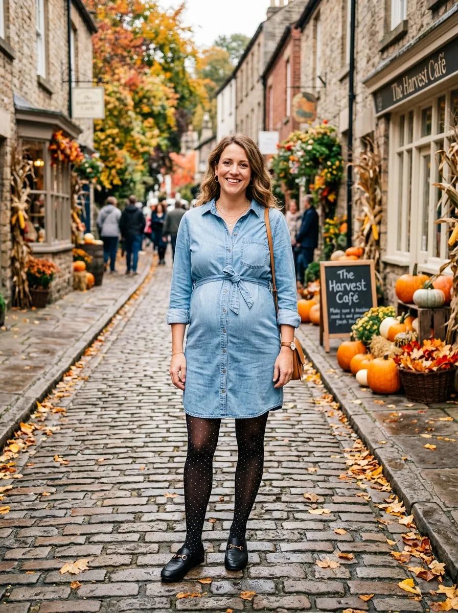 Denim Shirt Dress with Patterned Tights — 19 Fall Casual Dresses for Pregnant Women to Try Now