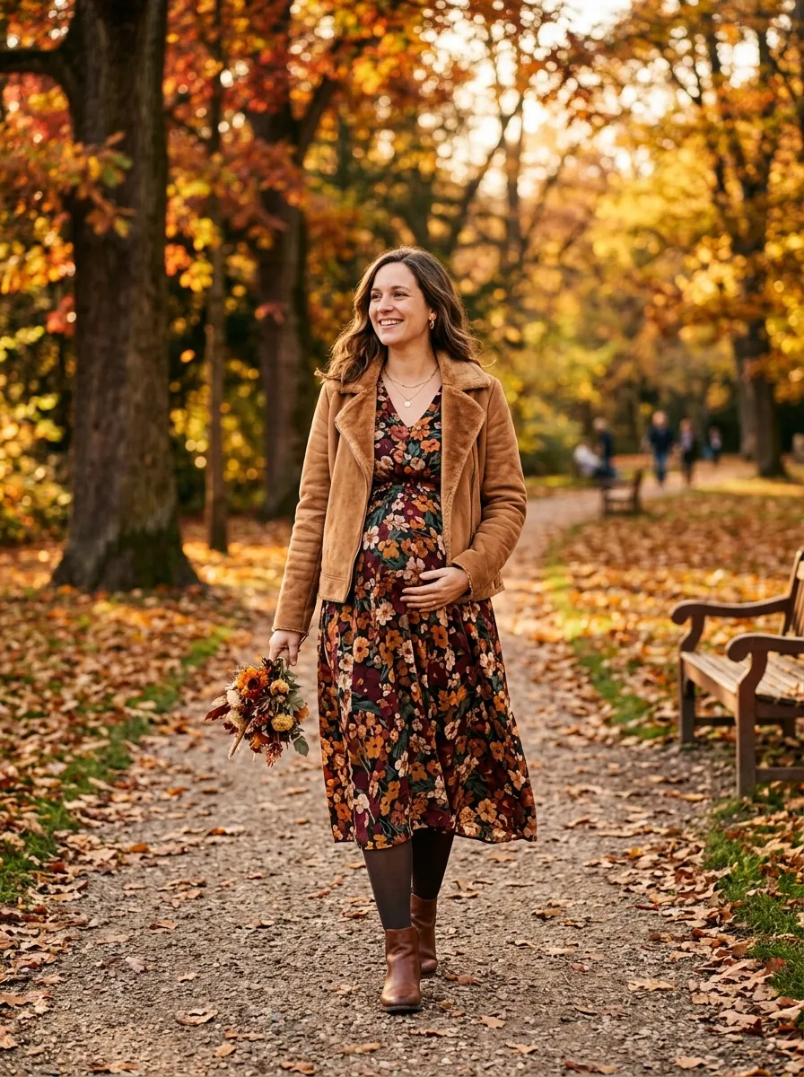 Floral Midi Dress with a Suede Jacket — 19 Fall Casual Dresses for Pregnant Women to Try Now