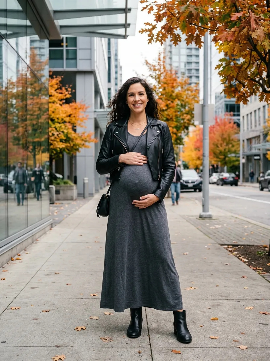Maxi Dress with a Cropped Leather Jacket — 19 Fall Casual Dresses for Pregnant Women to Try Now